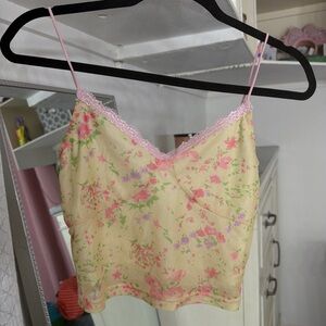 Floral Yellow Camisole with Pink Lace Trim